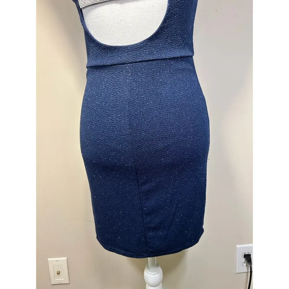 Midnight Doll Asymmetrical one-shoulder neckline, Navy Blue Shimmer Dress-Size S - Picture 11 of 13